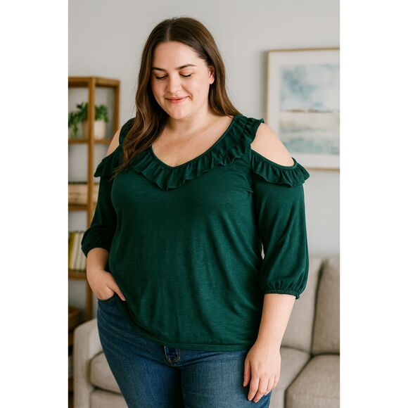 French Laundry Blouse 1X  Dark Green Cold Shoulder 3/4 Sleeve Ruffles Bohochic - Picture 1 of 6
